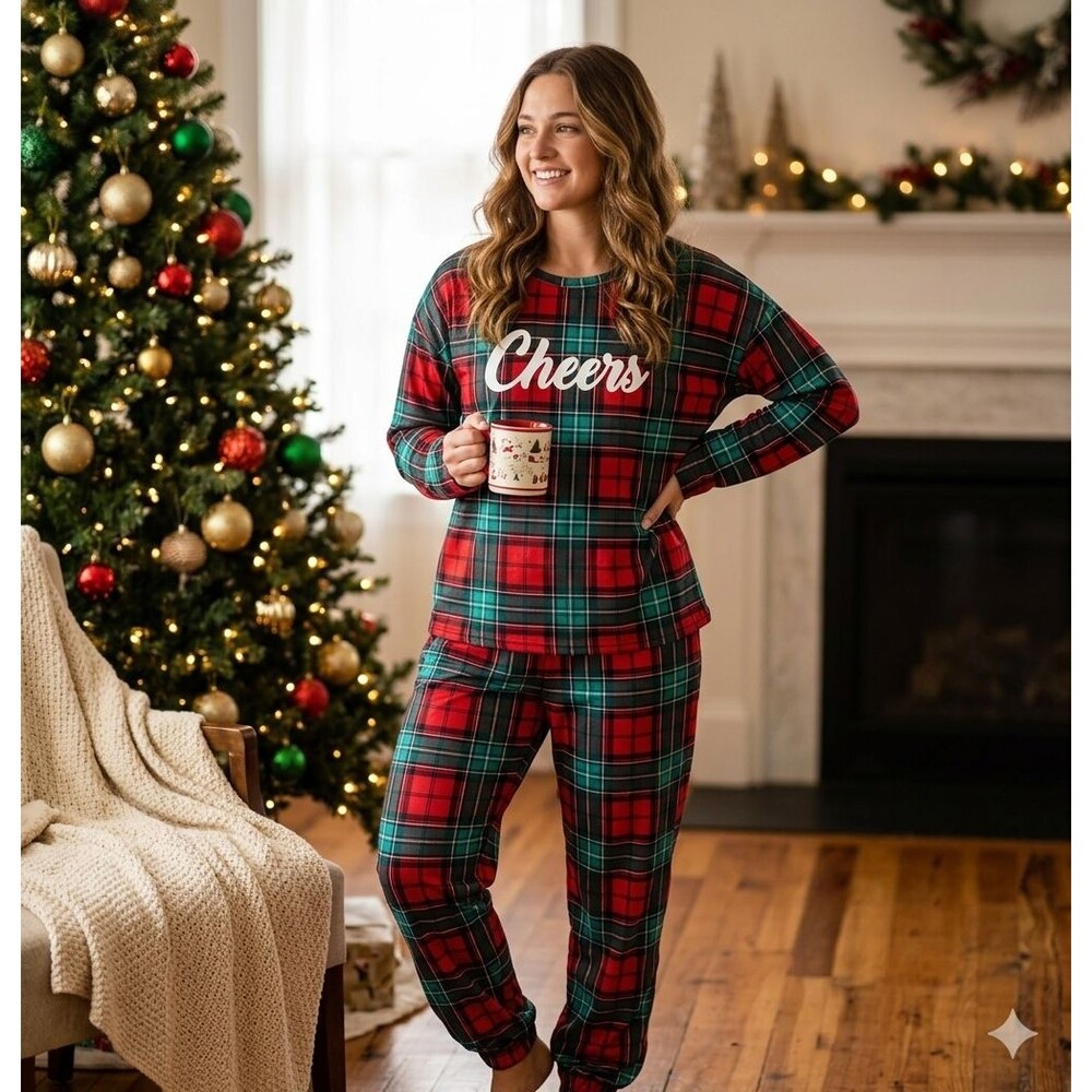 Joyspun Womens Red Plaid Cheers Christmas Pajama Set Jogger PJs Medium Holiday